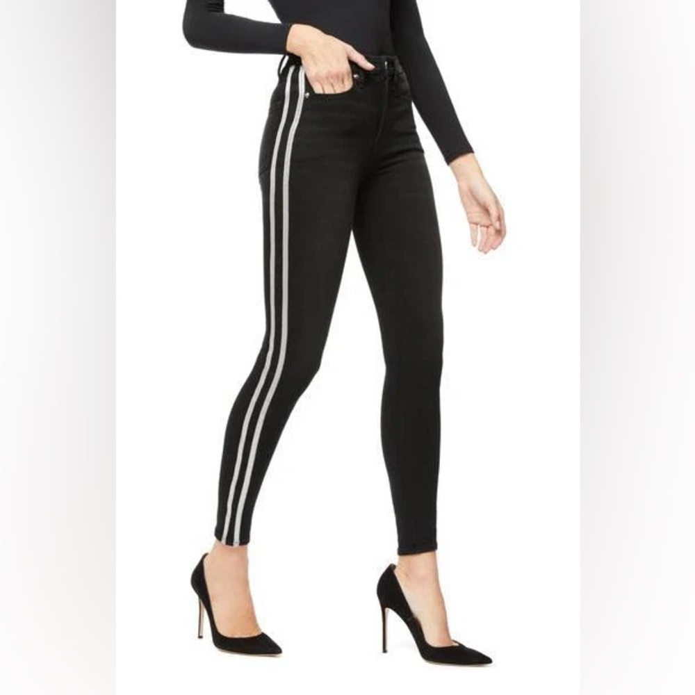 Good American High Rise Skinny Jeans w/ Silver Tuxedo Stripes Size 2/26